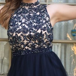 Beaded Navy Homecoming Dress